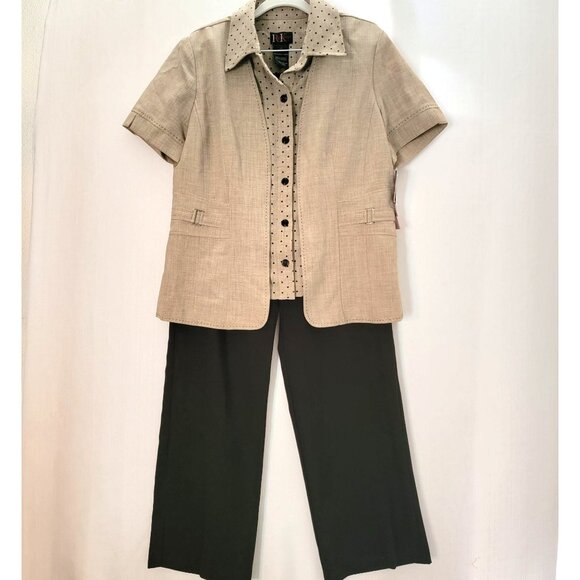 R&K Womens 2 Piece Short Sleeved Top & Pants Set Size 14 Beige Black Career Wear - Picture 1 of 16